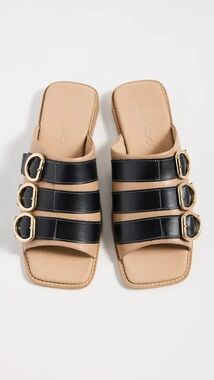 New $410 Women's  Shekudo Buckled Sandals Flats Slides Size 10 Tan/Black